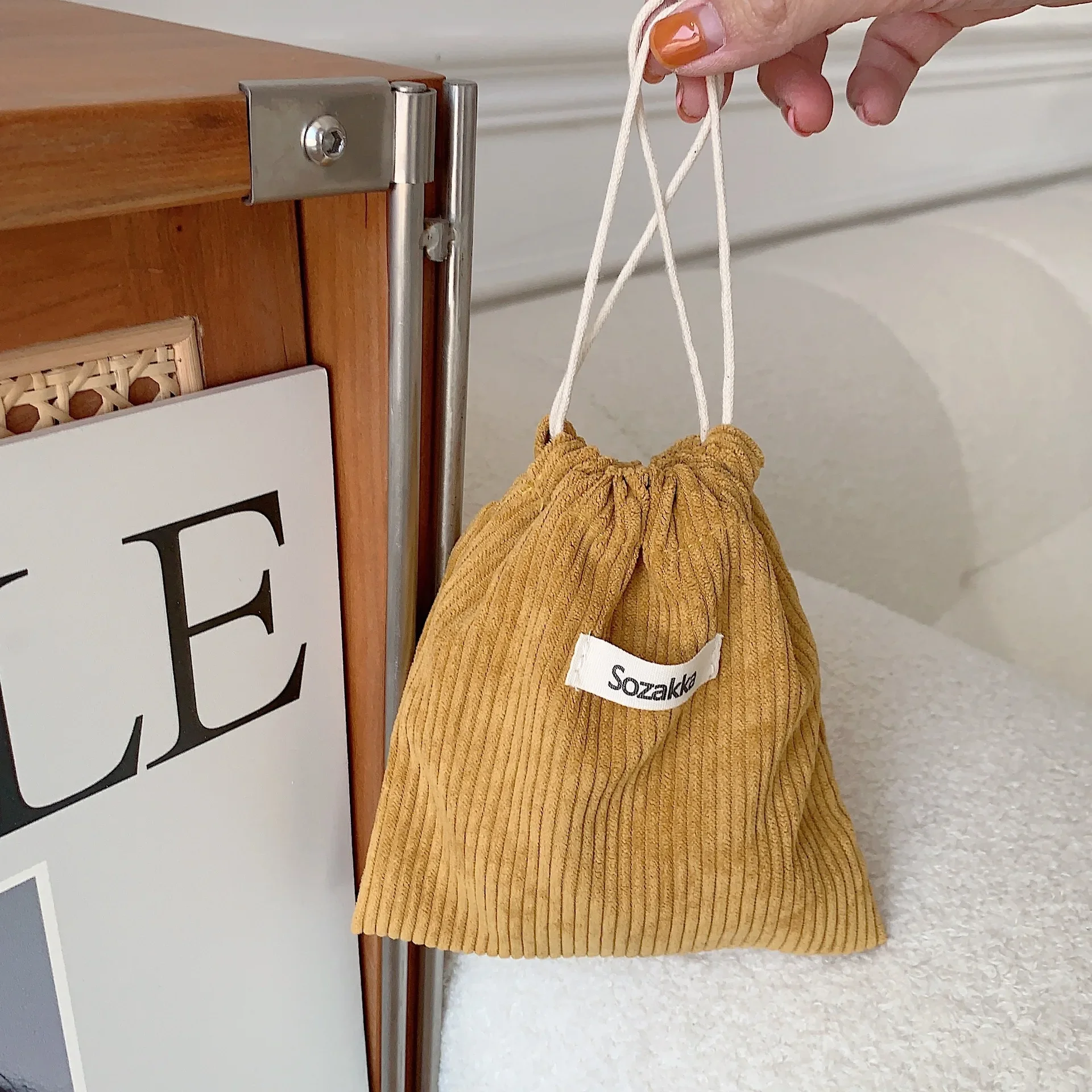 Cosmetic Storage Bag Solid Color Corduroy Drawstring 1pc