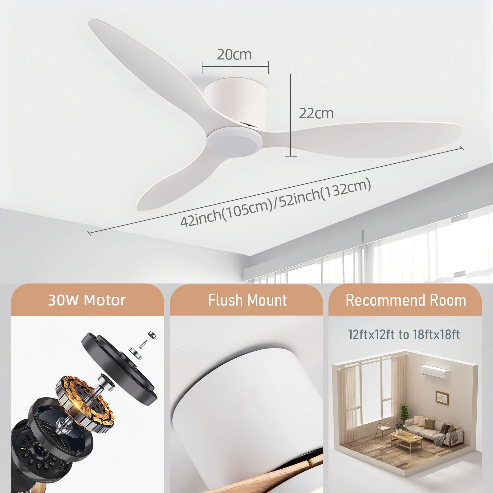 IRALAN Modern Ceiling Fan Without Lights DC Motor 6 Speeds Timing Fans 20CM Low Floor Loft Remote Control Lux&vitae Fan 6