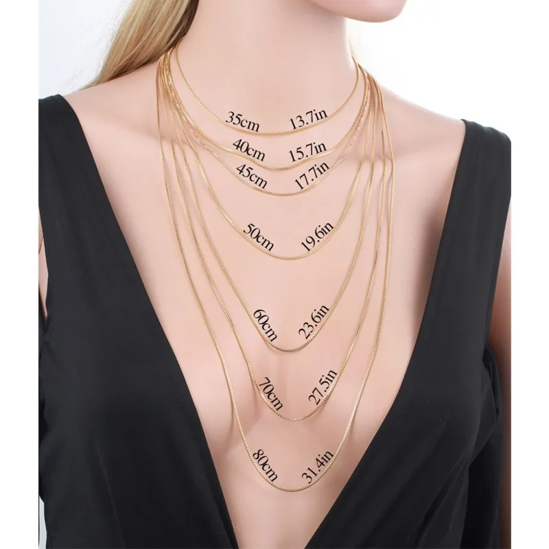 35cm-70cm 1mm Brass Yellow Gold Color Box Chain Necklace Cuban Necklaces Fashion Necklace Metal Necklace Sterling Chain Necklace Women Men Boy Girls Jewelry