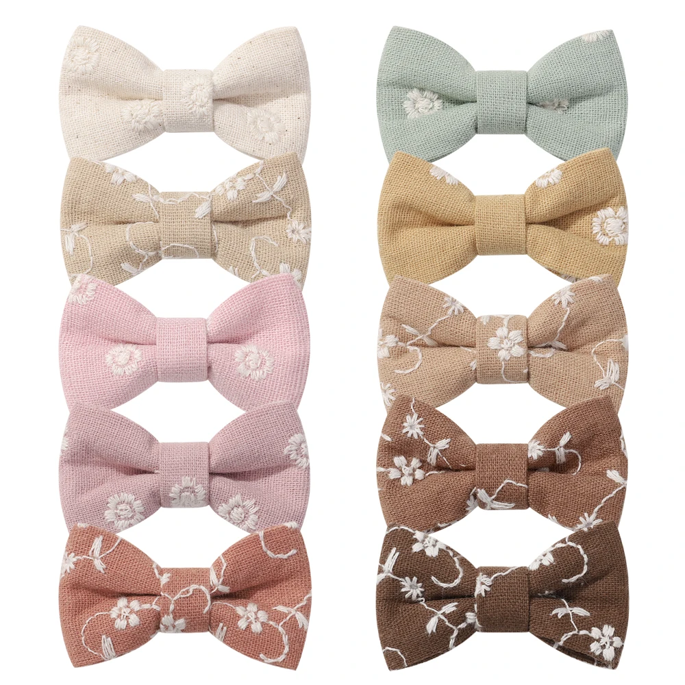 24 pcs linen bow nylon headbands 3 2 inch hair bow clips barrettes toddler baby girls soft hairband kids hair accessories 40pc/lot New Cute 2inch Embroidered Bow Hair Clips Girls Cotton Embroidery Bow Nylon Headband Baby Girls Hairpins Kids Barrettes