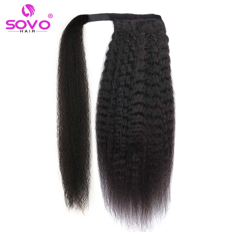 Kinky Straight Ponytail Yaki Human Hair Hairpiece Wrap on Clip In Hair Extensions Brown Pony Tail Natural Remy Brazilian Hair