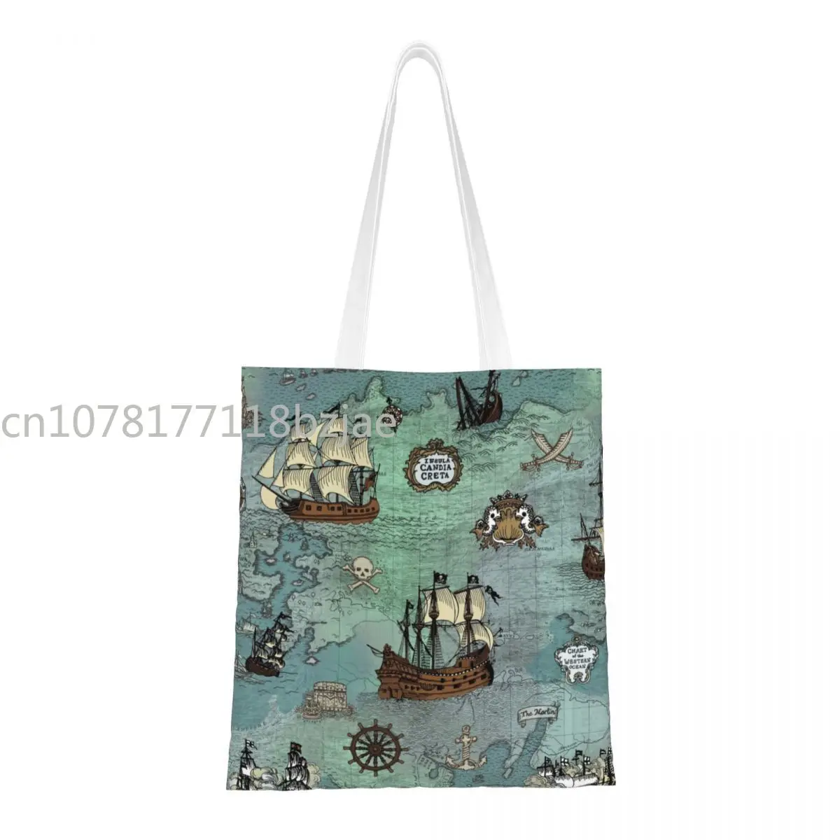 

Многоразовая сумка для покупок с морским принтом пиратской карты, Женская Холщовая Сумка-тоут через плечо, Портативная сумка-шоппер с черепом, моряком, продуктами