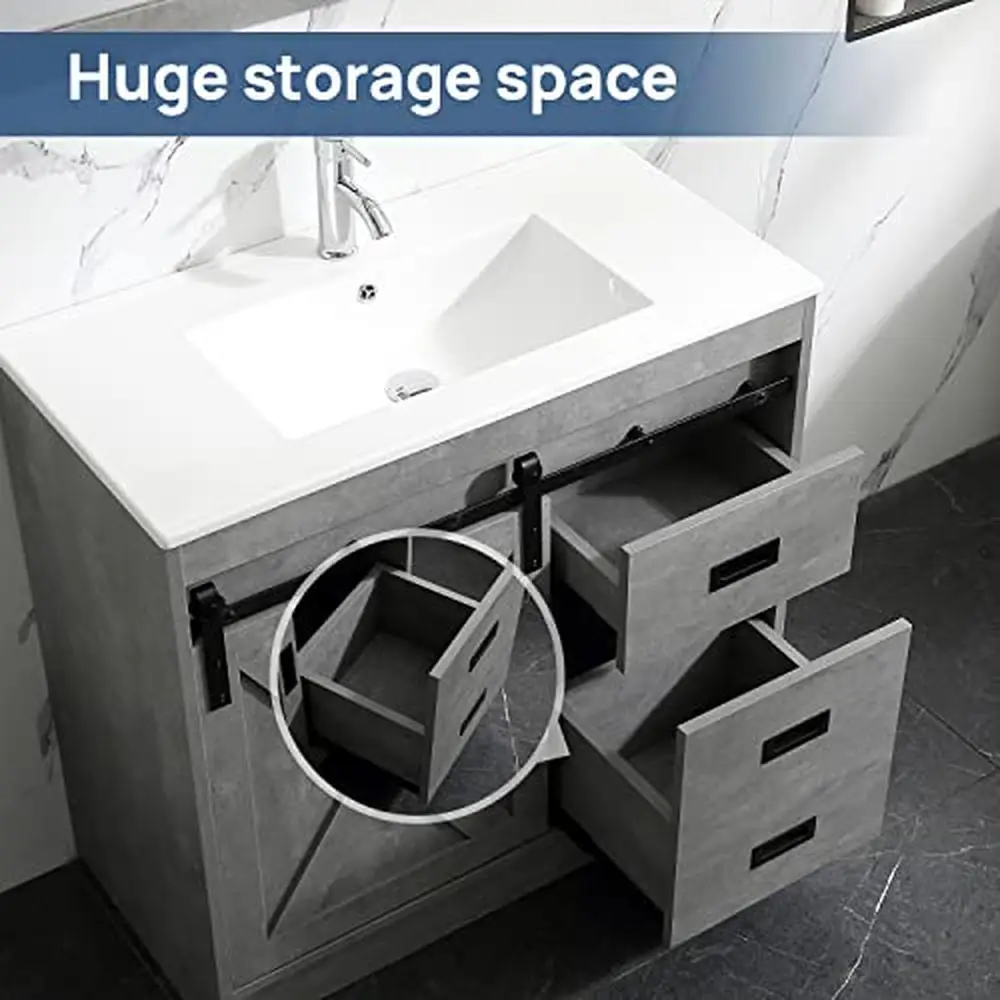 Description Picture 5 of item36" Bathroom Vanity Set with Ceramic Basin Sink Mirror and Chrome Faucet Storage Space Modern Design Easy Assembly Grey Wood