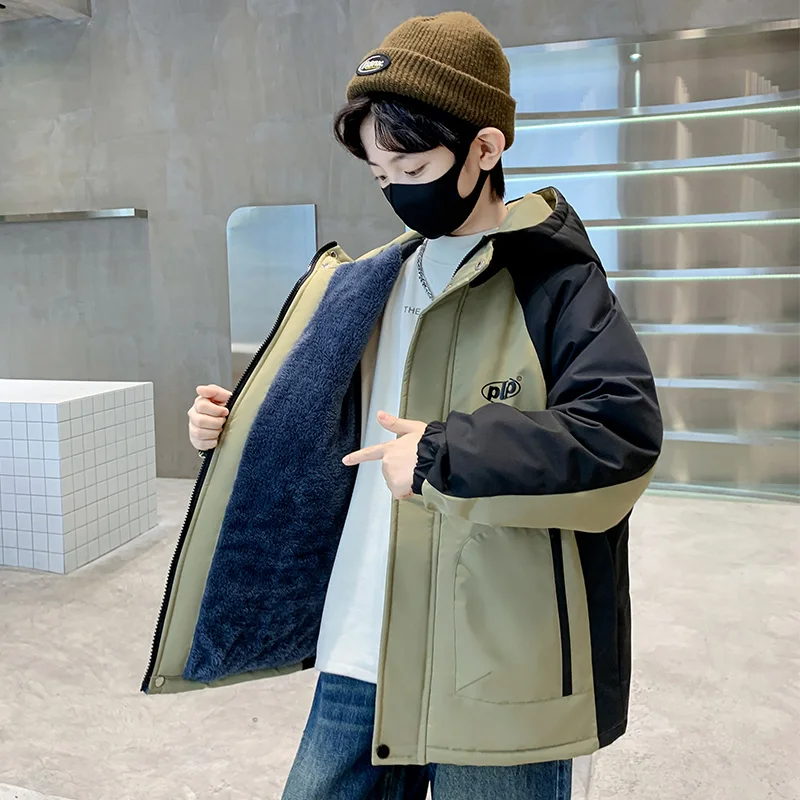 New Fall Winter Children's Boy Casual Parka Jackets Patchwork Outerwear Thermal Clothes Hooded Teen Boys Korean Parka Coat 5-14T