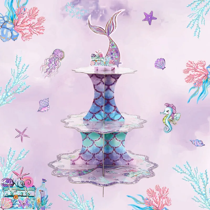 Description Picture 3 of item3Tier Mermaid Cake Stand Cupcake Holder Mermaid Birthday Party Decor Little Mermaid Baby Shower Under The Sea Party Supplies