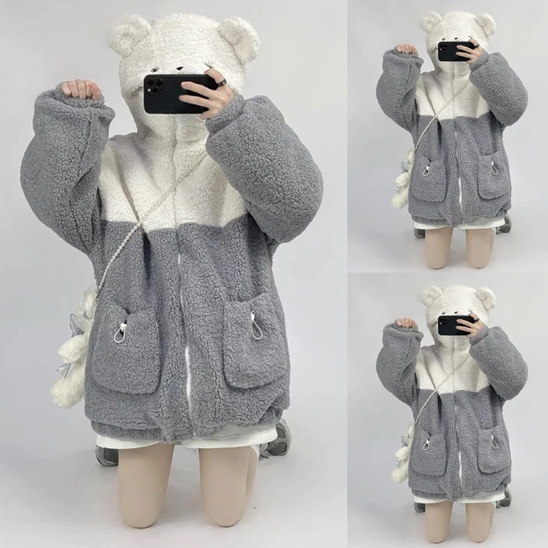Women Faux Fur Hoodies for Jacket Bear Ears Up Colorblock Sweatshirt Co Dropship