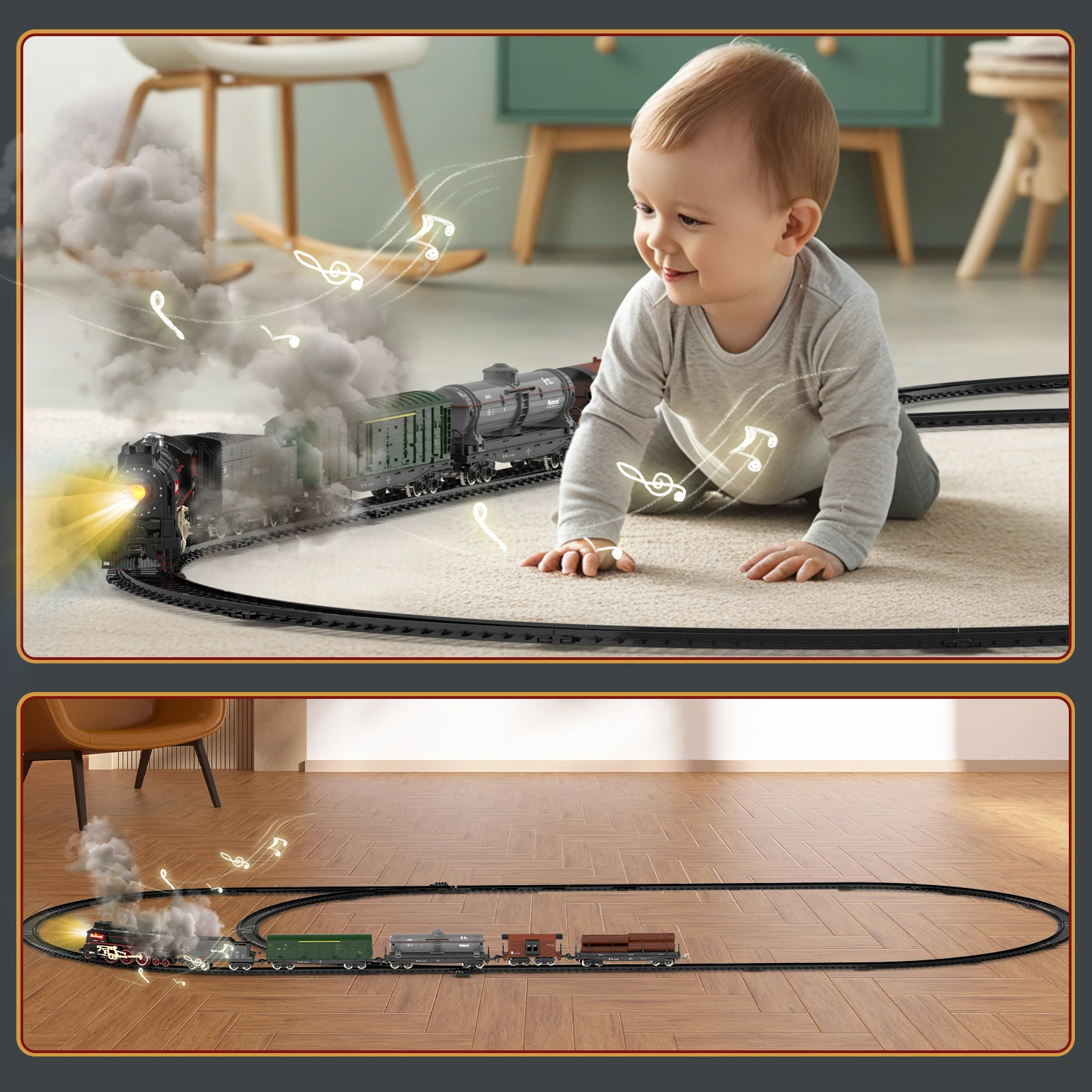 Retro Steam Train Track Toy Set with Smokes,Lights, Sound,Tracks,Electric Toy Train with Locomotive Engine,Cargo Cars and Tracks 6