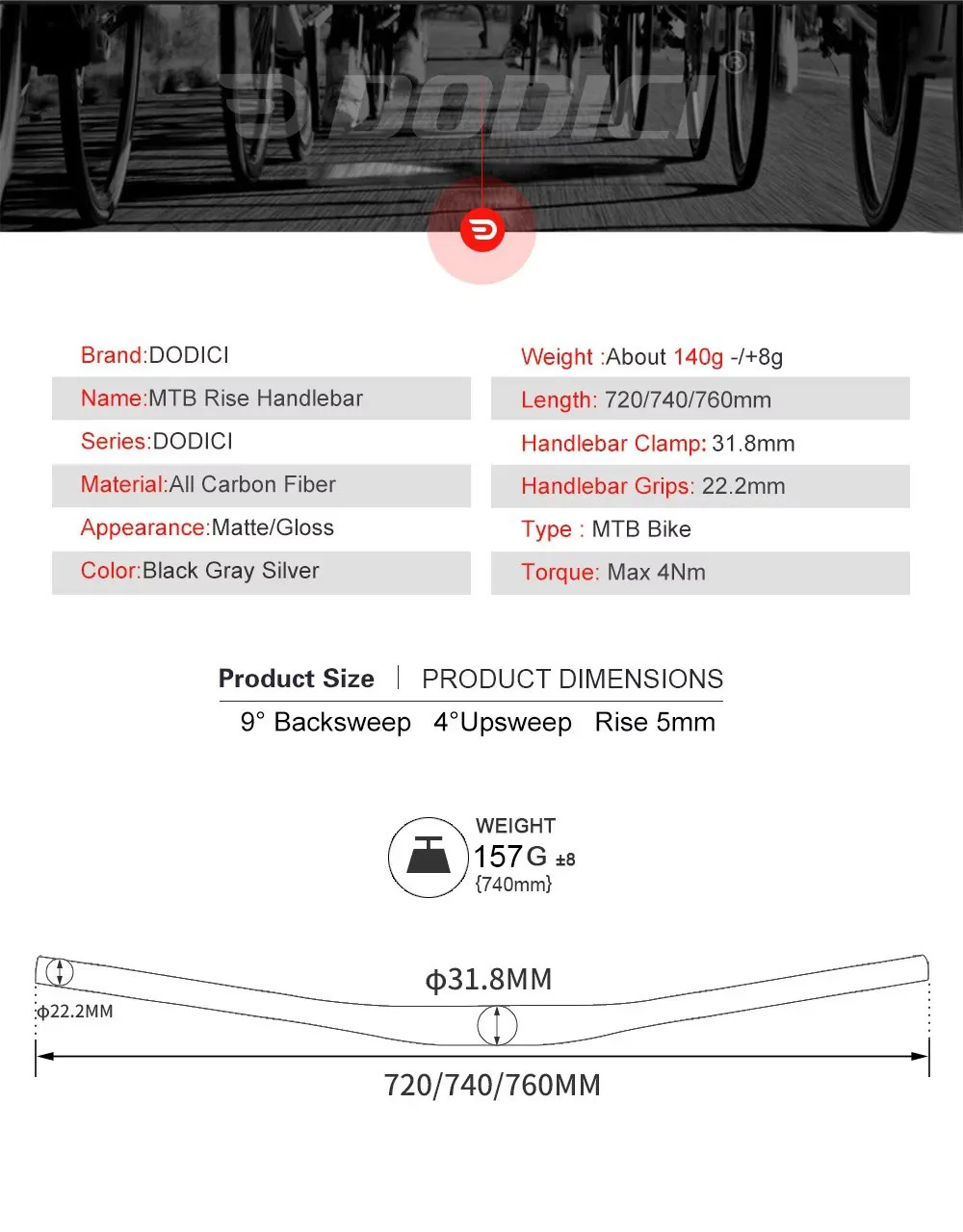 9 Degree MTB Handlebar Carbon Fiber Bicycle Handlebar 31.8*720/740/760mm Matte Mountain Bike XC Bike Accessories bicycle handlebar