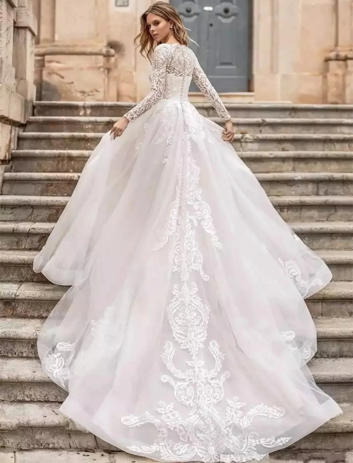 Exquisite Wedding Dresses For Women A-Line Tulle Robs Lace Appliques Luxury Bridal Gowns Long Sleeves Elegant Vestidos De Novia
