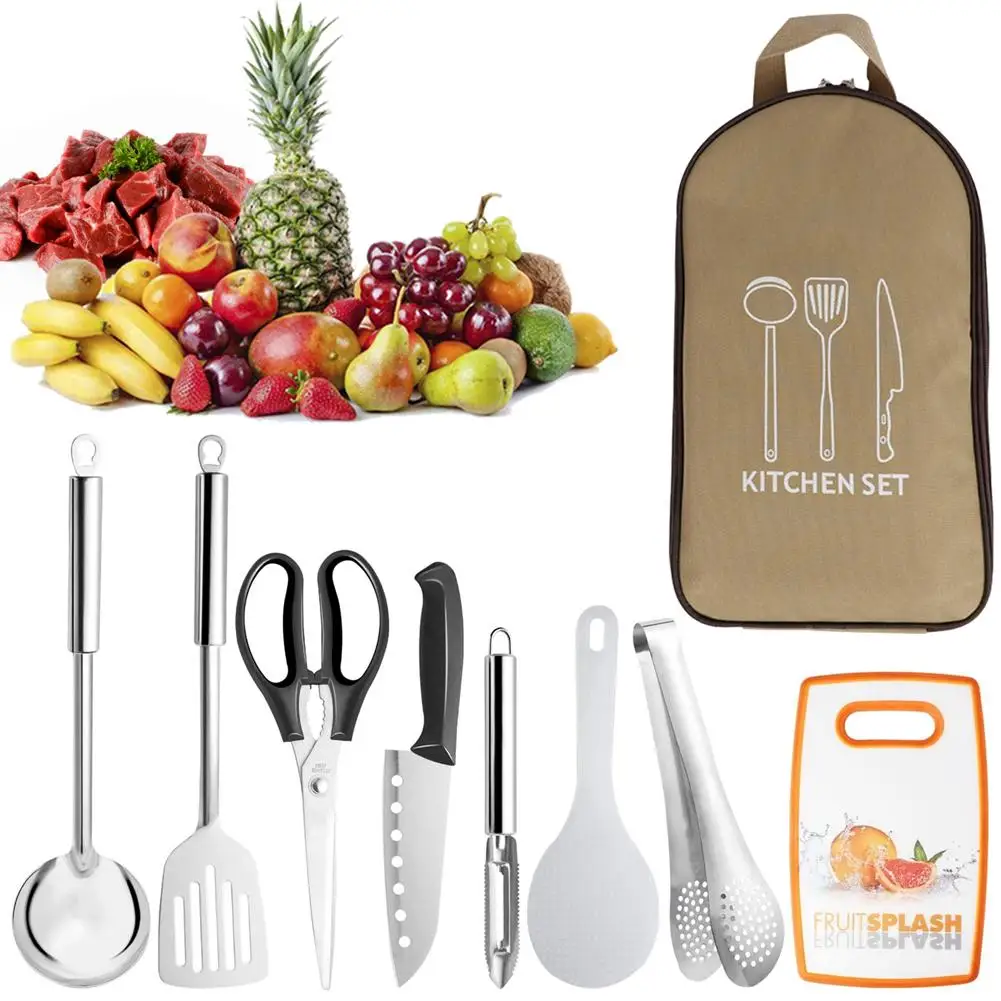 8 Pcs/set Outdoor Cookware Set With Knife Utensil Spoon Portable Picnic Kitchen Utensils Tableware Storage Handbag