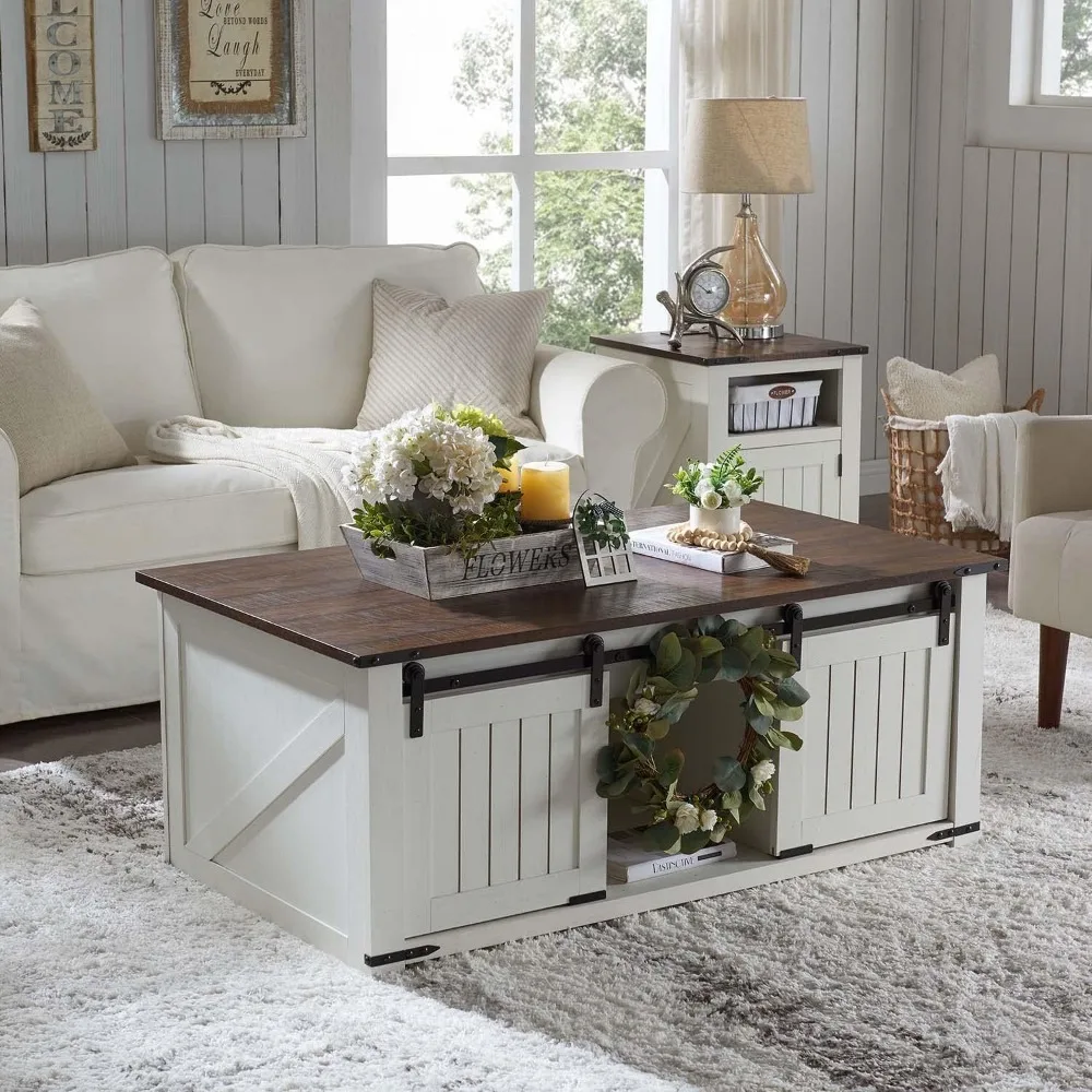 48" Lift Top Coffee Table, Farmhouse Cocktai with Sliding Groove Barn Door, Rustic Wood Center Table w/Double Storage Spaces 2