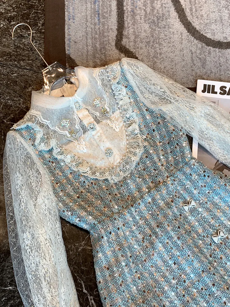 SMTHMA Mesh Patchwork Tweed Beaded Elegant Dresses For