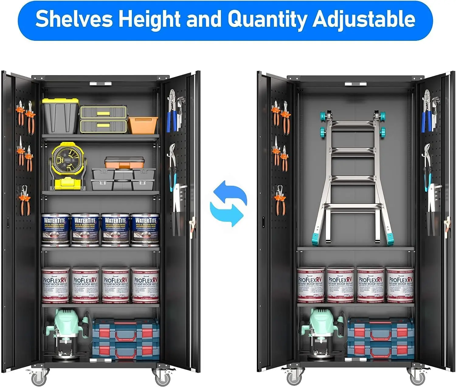 Tool cabinet Metal Garage Tools Storage Cabinet with Wheels 72" Tall Lockable Garage Cabinet with Pegboard & 4 Hooks Adjustable 5