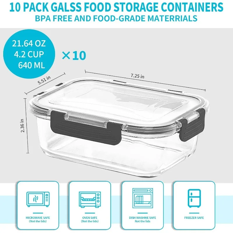 10 Pack Glass Meal Prep Containers Glass Airtight Food Storage Containers with Lids Pantry Kitchen Storage Containers for Lunch 2