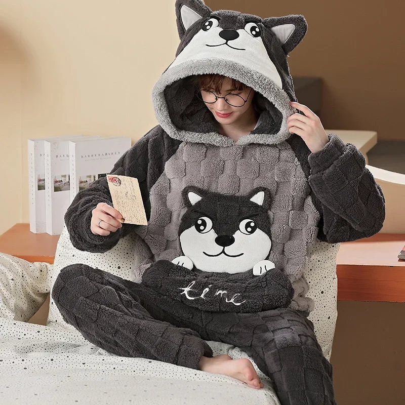 Men Winter Thickened Coral Fleece Pajamas Set Plush Hooded Home Suit Long Sleeve Cartoon Flannel plush pajamas pajamas set flannel pajamas set man pajamas set 2PCS Set Warm Nightwear 5XL