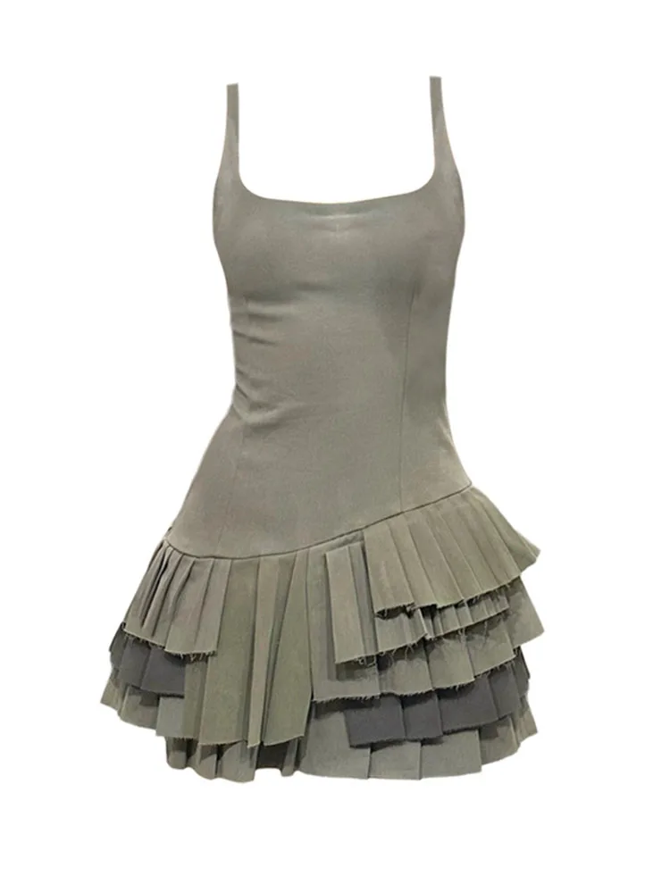 

2024 Spring Summer Spaghetti Strap Dress Sexy Fashion Woman Chic High Waist Grey Dance Prom Gown New Vintage Casual High Street