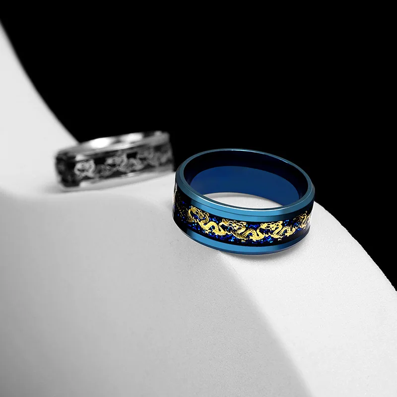 Stainless Steel Ring 2025 Fashion Men Celtic Dragon Ring Inlaid Red Blue Carbon Fiber Rings Wedding Band Jewelry 8MM Bague Homme