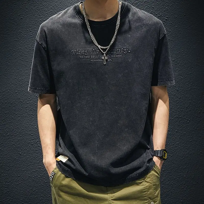 

Men's Clothing Wash Distressed T-shirts American Retro Short Sleeve 2024 Summer Stylish Letter Casual Round Neck Basic Pullovers