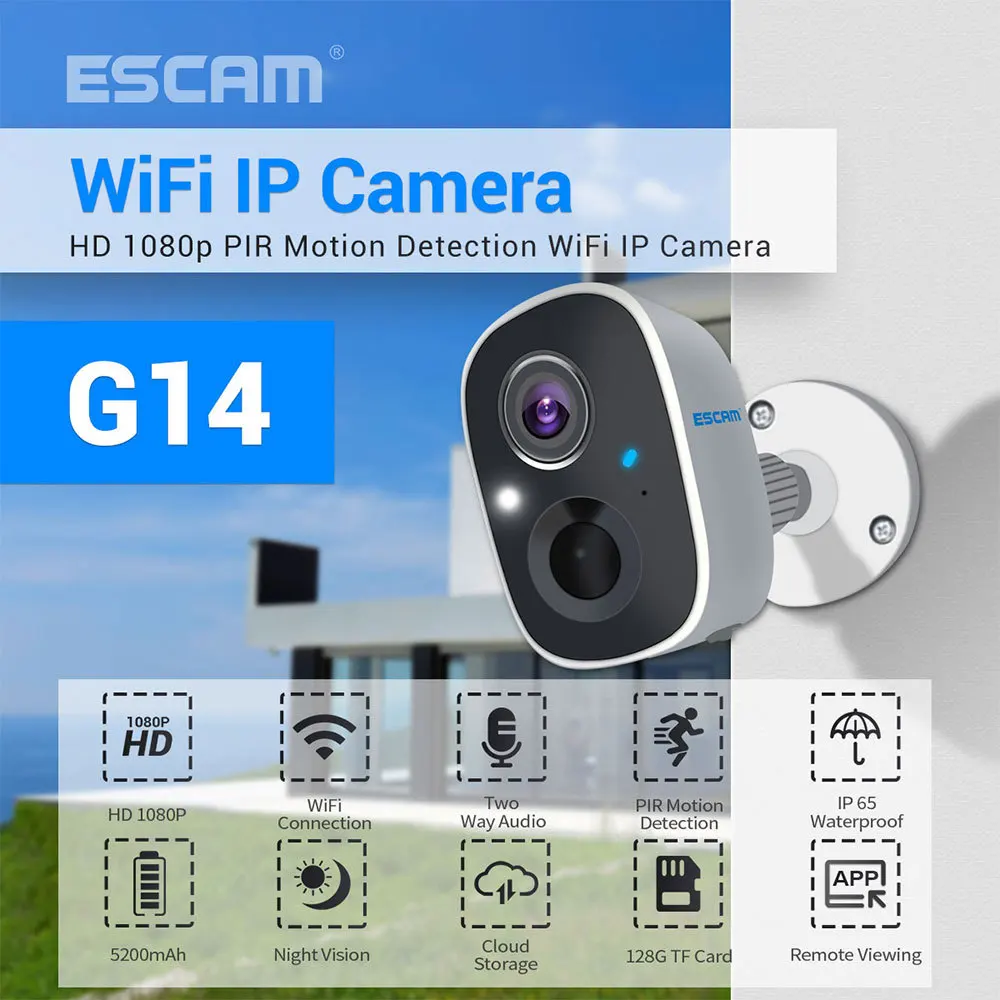 

ESCAM G14 1080P H.265 WiFi IP Camera Full HD AI Recognition Rechargeable Battery PIR Alarm Cloud Storage Electronic