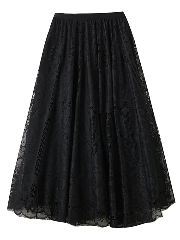 2025 Spring Autumn New Black Vintage Hollow Lace Skirt Women High Elastic Waist  Loose Casual Midi Skirts Fashion Clothing