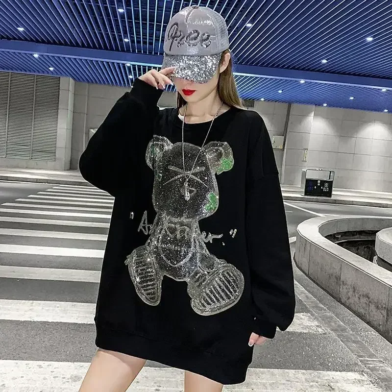 Rhinestone Woman Clothing Glitter Women\'s Sweatshirt Graphic Pullovers Top Round Neck Sequin Thick Y2k Style Essential M Basic E