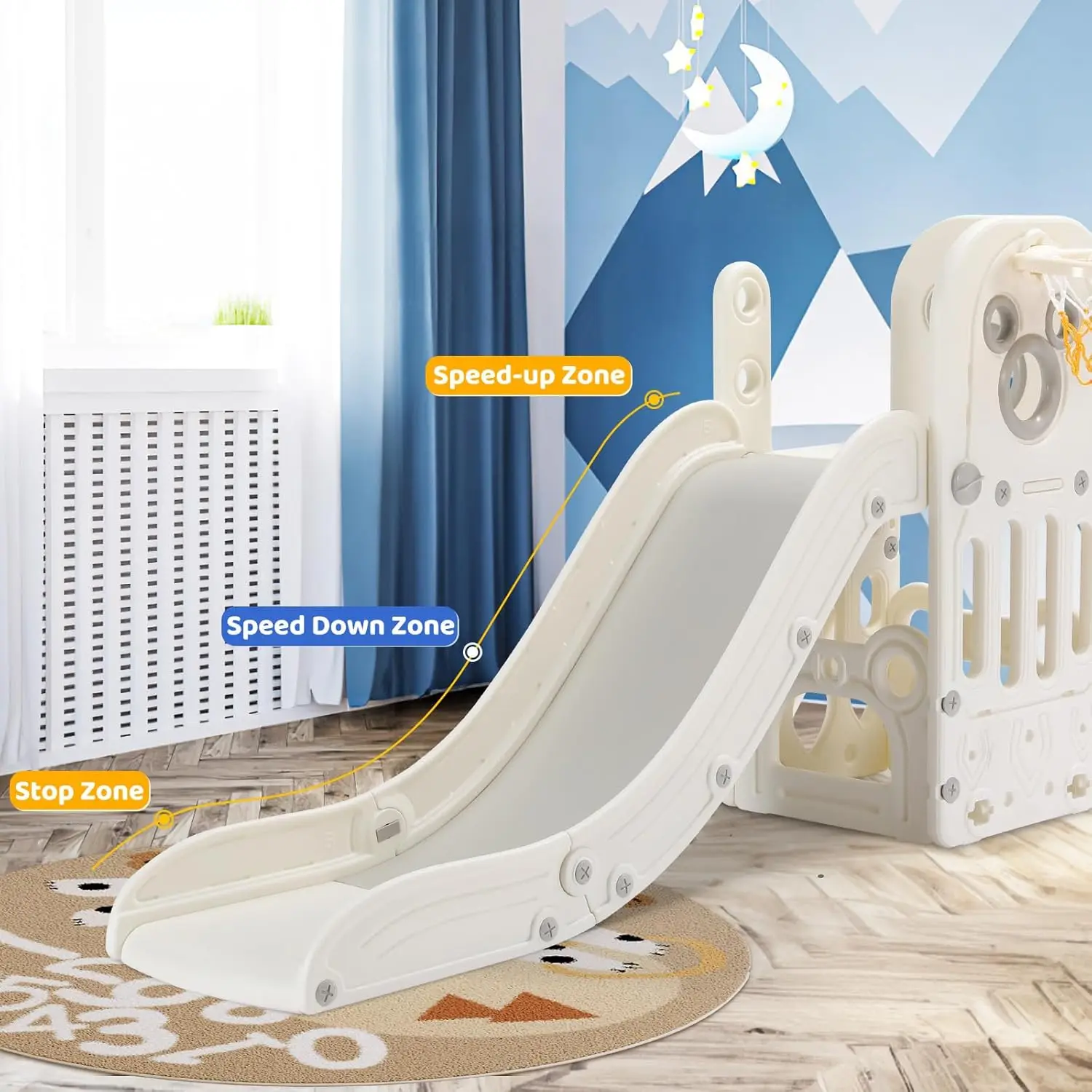 Kids Slide L-Shaped, 5 in 1 Slide Climber for Toddler, with Ball & Hoop,Storage Space and Non-Slip Steps,In/Outdoor Baby Playset 5