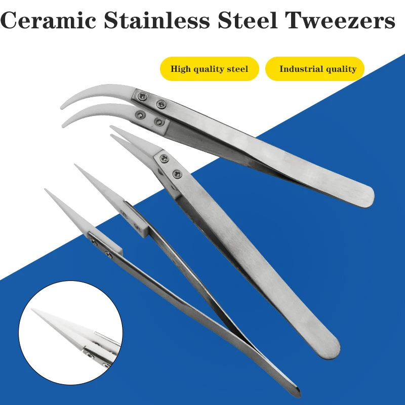 Anti-static Reverse Ceramic Tweezers Anti-magnetic Acid-resistant Precision Clamping Pointed Silver Handle Ceramic Tweezers1PCS