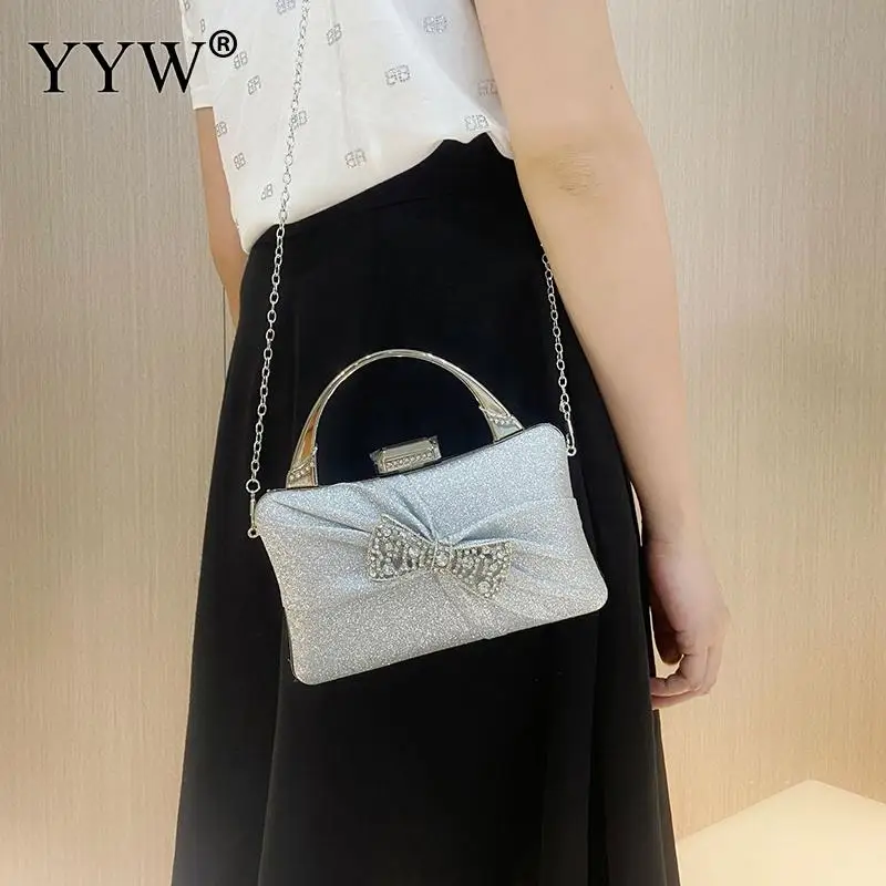 Luxury Sequins Women Clutch Handbag with Rhinestone Bowknot Top Handle Lady Party Evening Diamond Bead Messenger Purse Chain Bag