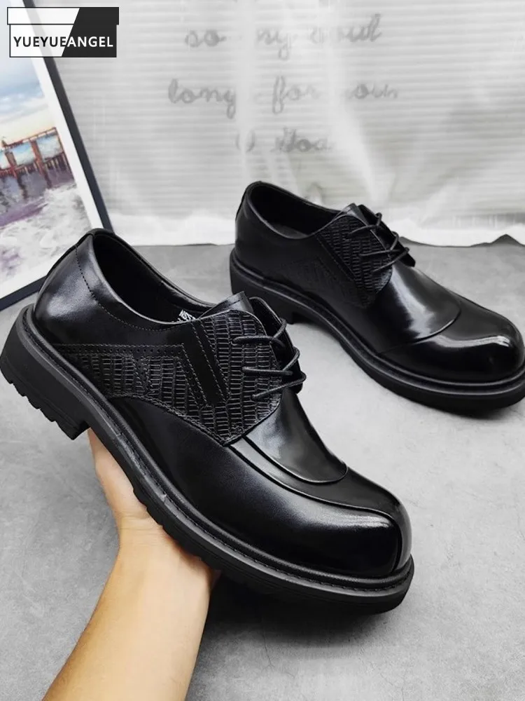 

Mens Business Work Formal Shoes Lace Up Round Toe Genuine Leather Dress Shoes Office Man Vintage Thick Platform Cowhide Footwear