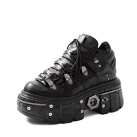 Fashion Women Punk Platform Shoes for Woman's Lace-Up Round Toe Metal Decoration Thin Heels Sneakers Gothic Party Nightclub Shoe 1