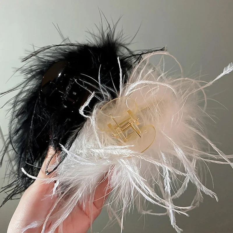 Sweet Ostrich Feather Hair Clip Female White Black Shark Hair Claw Headwear Women Hair Accessories 2023 Summer Hair clip