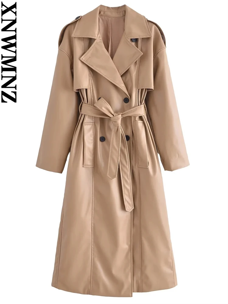 

XNWMNZ 2023 Women fashion faux leather belt trench coat retro lapel long-sleeved hem back split overcoat female chic outerwear