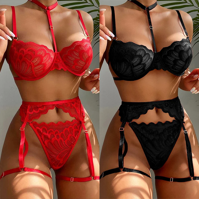Erotic Lingerie Sets For Women Lace Garters Transparent Bra And Panty Set Female Porno Costumes Deep V Halter Sexy Underwear Set Women Lingerie