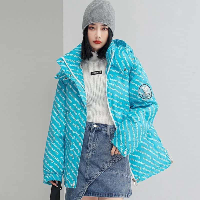 thumbnail image 1 of Abrigos con capucha para mujer, cuello alto, chaquetas gruesas con estampado de plumón de pato blanco, ropa holgada de estilo coreano, ropa informal cálida de invierno para mujer, 1 of 4
