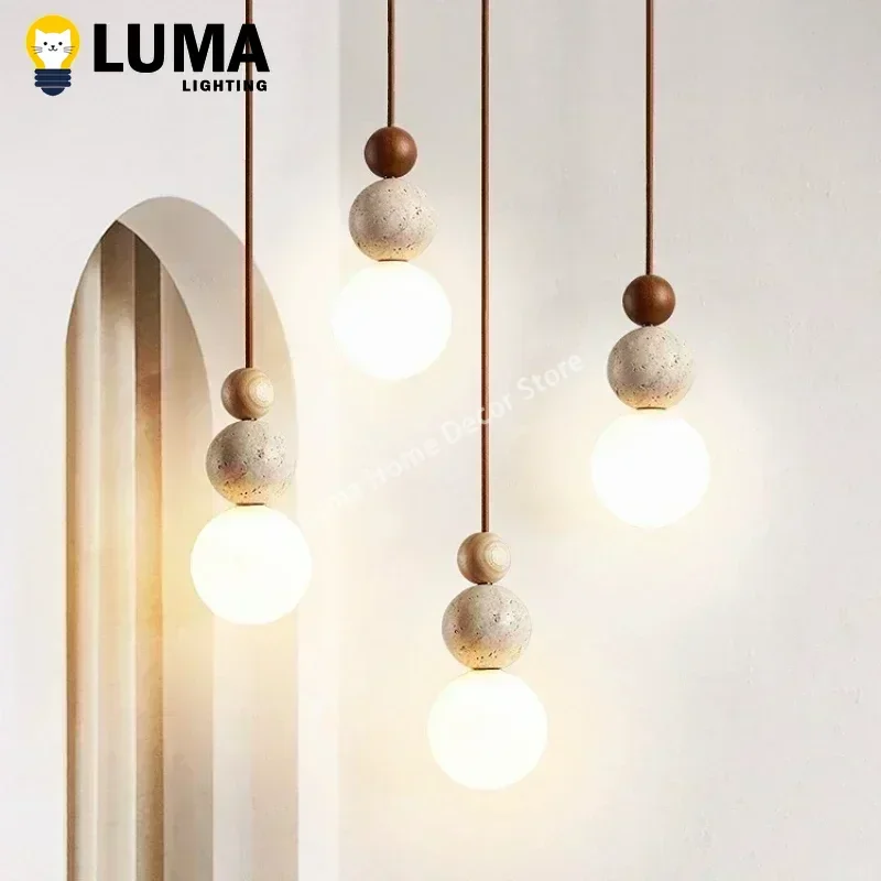 Luma Cream Style Yellow Travertine Pendant Lights, Nature Stone Wood Hanging Lamps for Bedroom Bedside Restaurant Kitchen Island 1