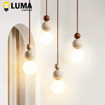 Luma Cream Style Yellow Travertine Pendant Lights, Nature Stone Wood Hanging Lamps for Bedroom Bedside Restaurant Kitchen Island 1