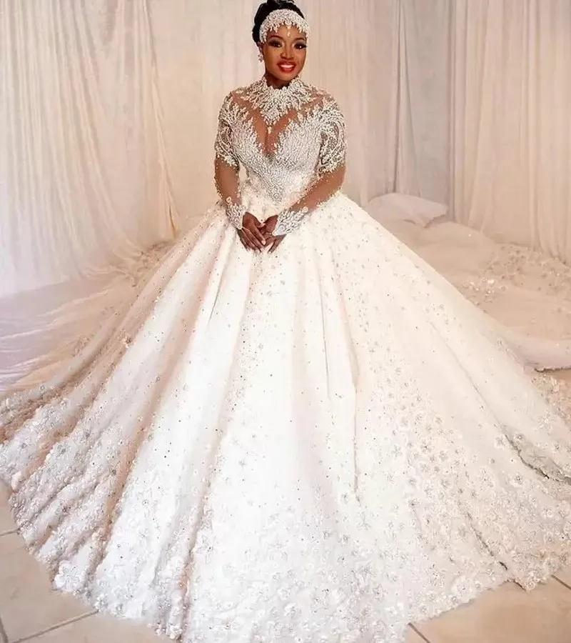 

Arabic Aso Ebi Luxurious Bead Crystals Wedding Dresses 2023 Sheer Neck Long Sleeves Lace Flowers Bridal Gown Vestidos De Novia