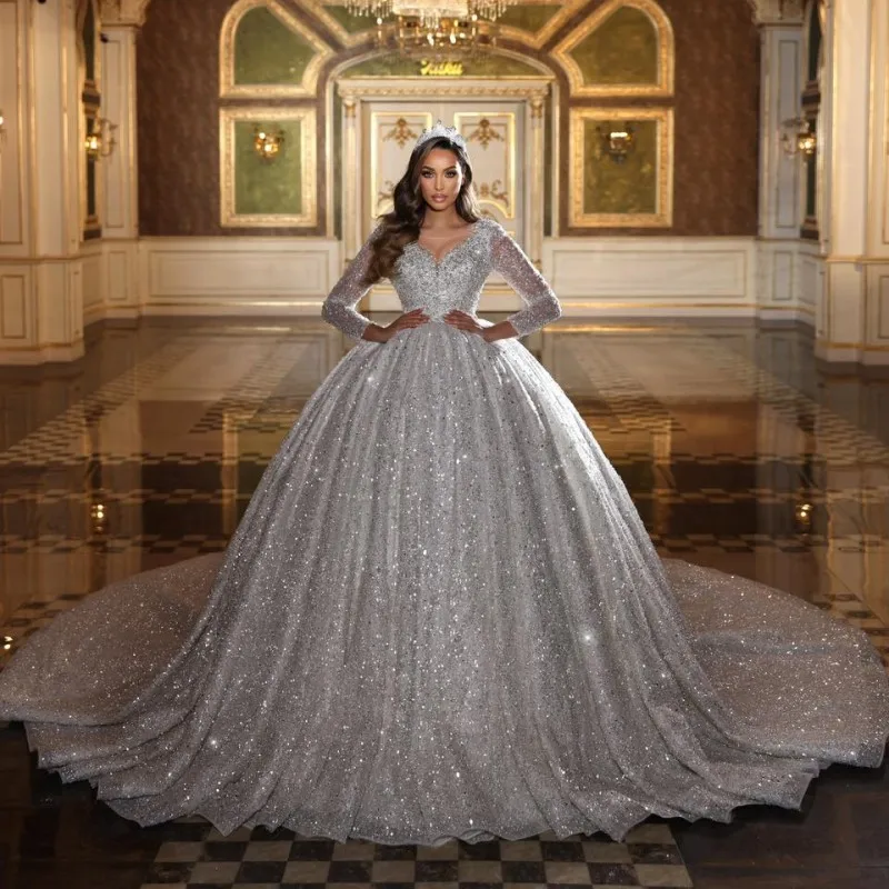 

Shiny Appliques Lace O-Neck Ball Gown Wedding Dress 2024 Luxury Beading Long Sleeve Princess Bridal Gown Custom