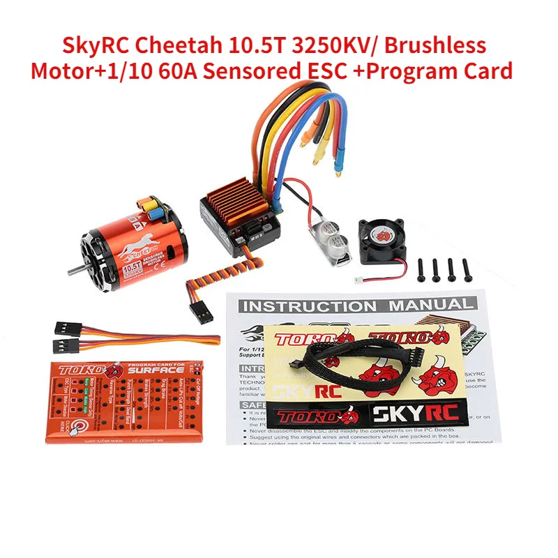 SkyRC Cheetah 10.5T 3250KV/ Brushless Motor+1/10 60A Sensored ESC Program Card Combo Power System for 1/10 1/12 RC Car
