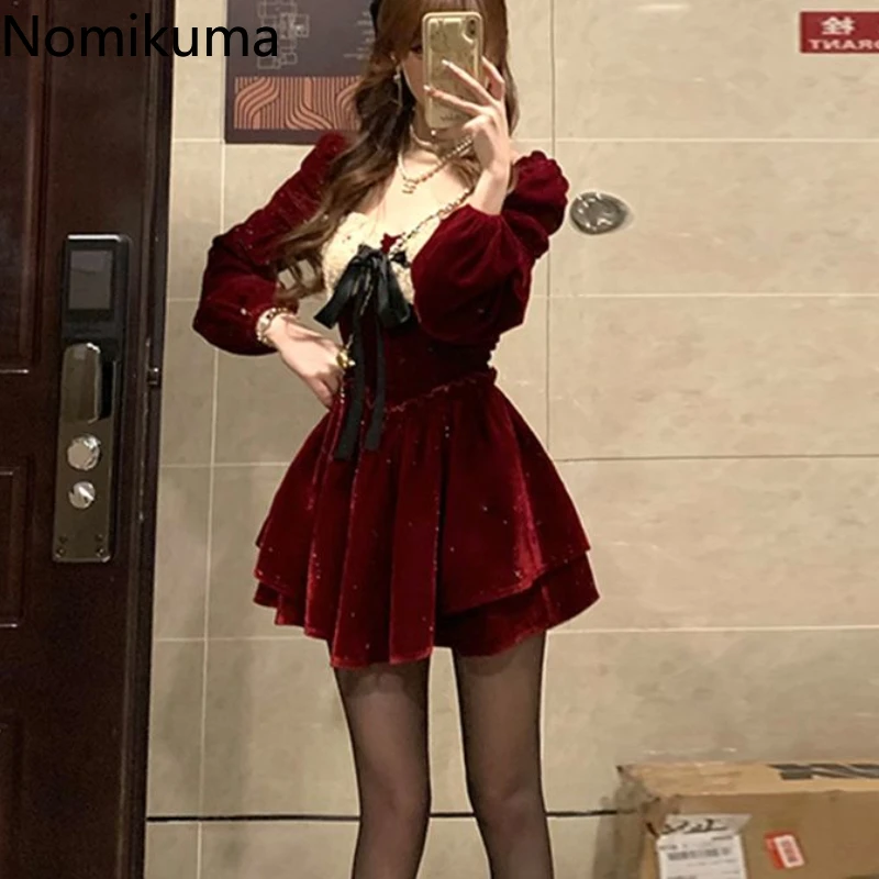 

Velvet Dress for Women Cute Bow Slim Waist Robe Femme Square Collar Lantern Sleeve A-line Vintage Mini Dresses Vestidos De Mujer