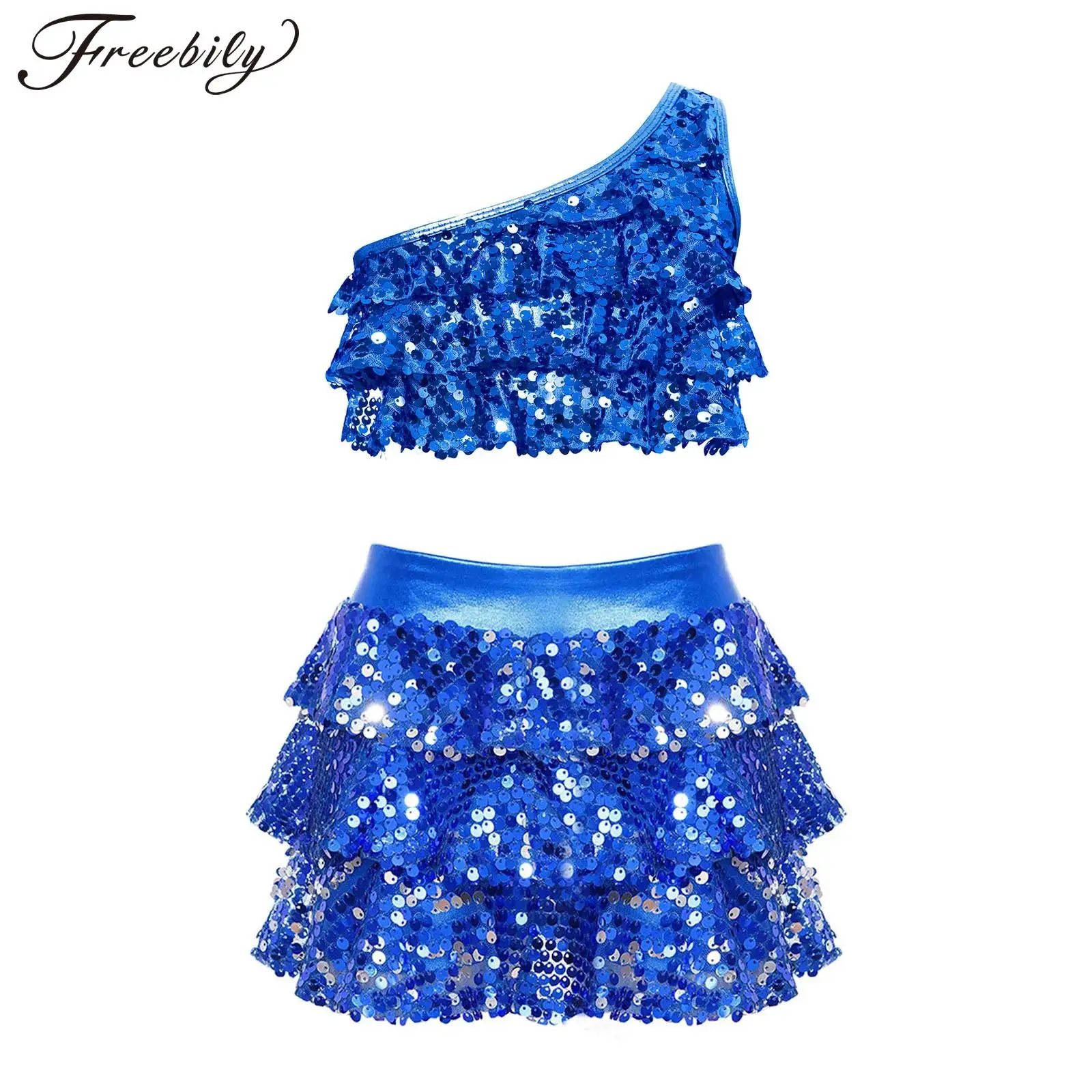 

Детский костюм для джазовых танцев для девочек, комплект из двух предметов, блестящий топ с блестками и шорты с металлическим блеском, детские костюмы