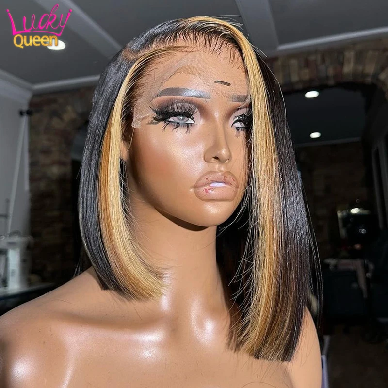 

Black with Blonde Straight Short Bob Highlight Colored Human Hair Wig Pre Plucked 13X4 Frontal Bob Wig Brown 5X5 Closure Wig