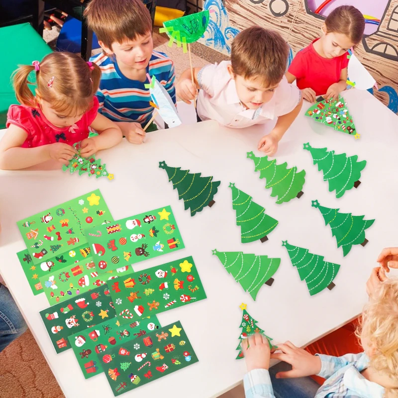 24pcs/set DIY Christmas Tree Craft Kit with Stickers Kids Gift Favors New Year Party Home Decoration Xmas Tree Hanging Ornament