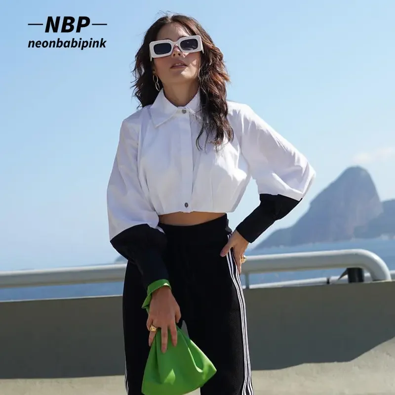 

NEONBABIPINK Colorblock Black and White Shirts for Women Fall Fashion Button Up Blouse Long Sleeve Crop Top N85-DF17