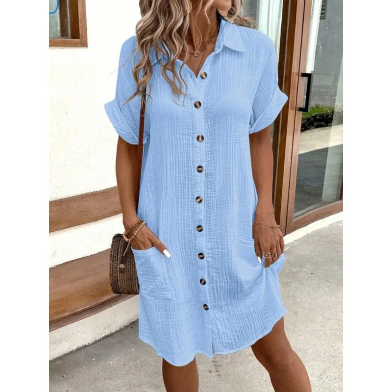 Summer New Minimalist Lapel Button Cotton Linen Dress with Pockets for Women's Fashionable Casual Shirt Skirt 739