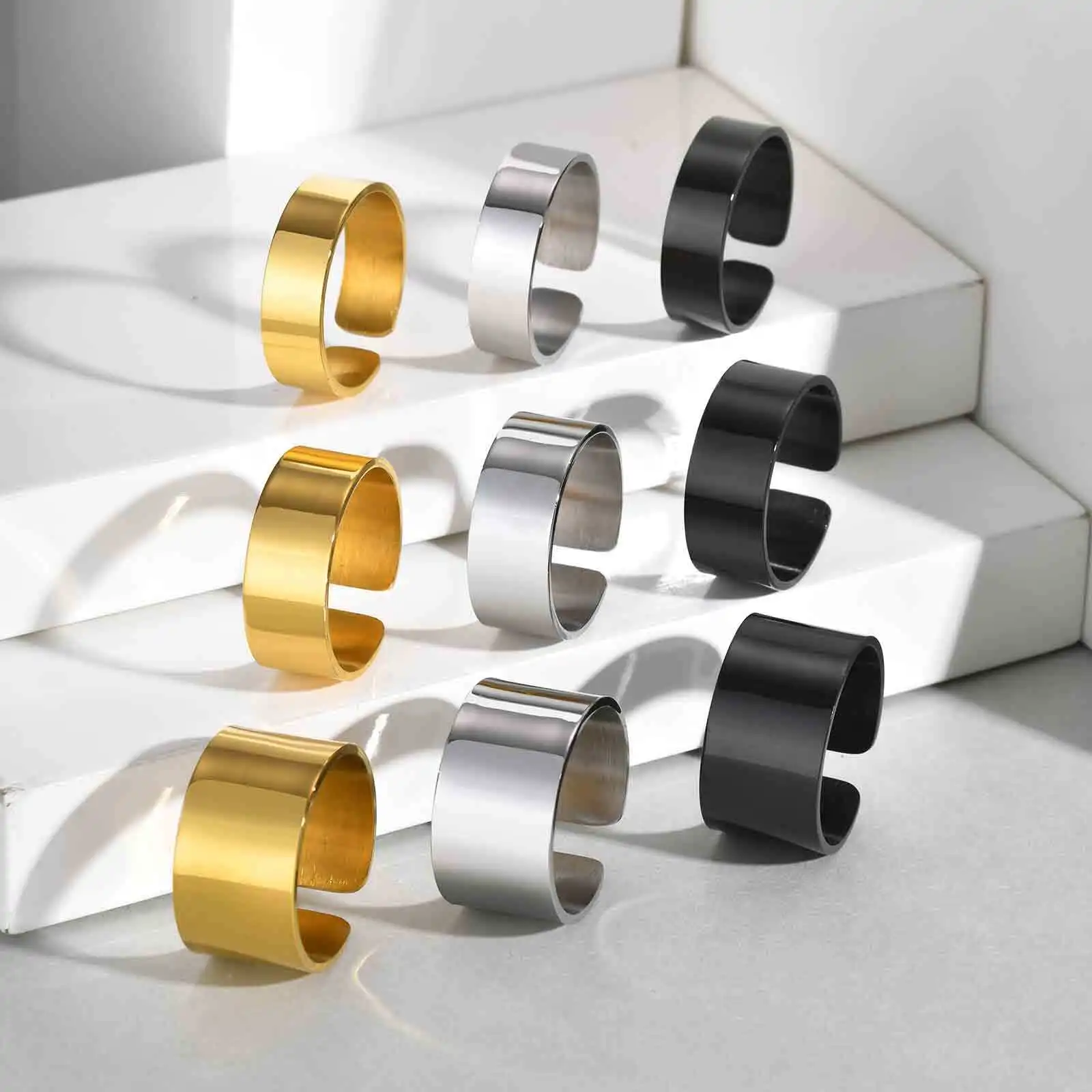 Men's Punk Stainless Steel Open Ring,6/8/11.5MM Width Stainless Steel Bend Ring,Simple Free Adjustable Ring