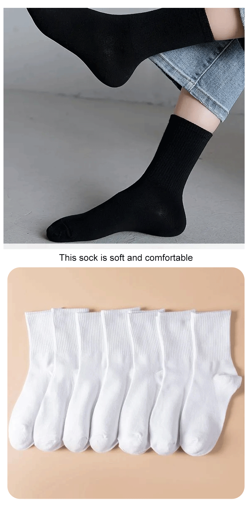 Description Picture 5 of item7/10/20 Pairs Mid Length Socks Women Classic Black White Solid Color Fashionable Casual Sports Absorbing Breathable Men Socks