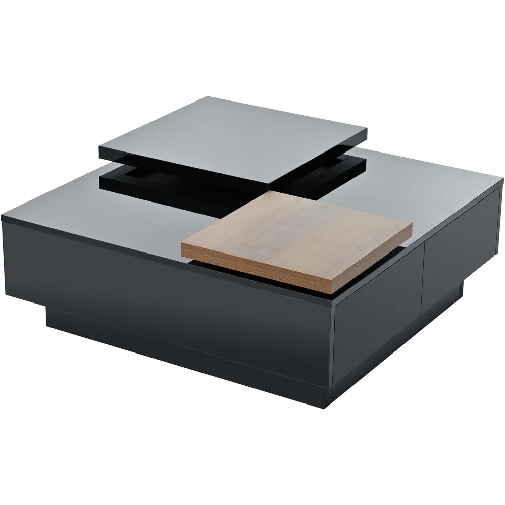 Movable Coffee Table Square High Gloss Surface, with 4 Hidden Storage Drawers Square Center Furniture for Living Room, Black 6