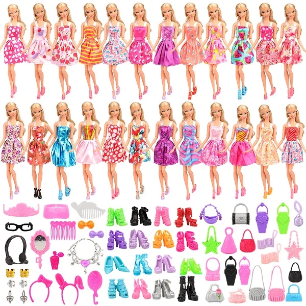

New Arrive Fashion 75 Items/lots = 15 Dolls Clothes Dresses 10 Shoes 10 Handbags 40 Doll Accessories For Barbie Dressing Game