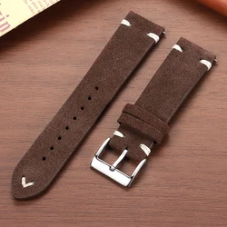 Vintage Genuine Suede Leather Quick Release Watch Strap - Handmade Unisex Sport Bracelet - Black Buckle (Brown White)